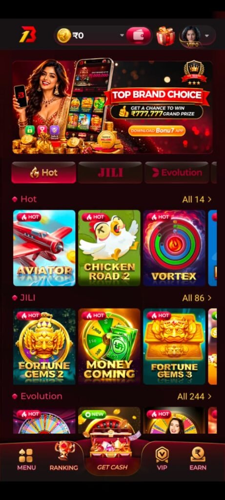 BONU1 APK gaming app interface showing hot games, JILI and Evolution game categories, VIP section, rewards, and mobile navigation menu